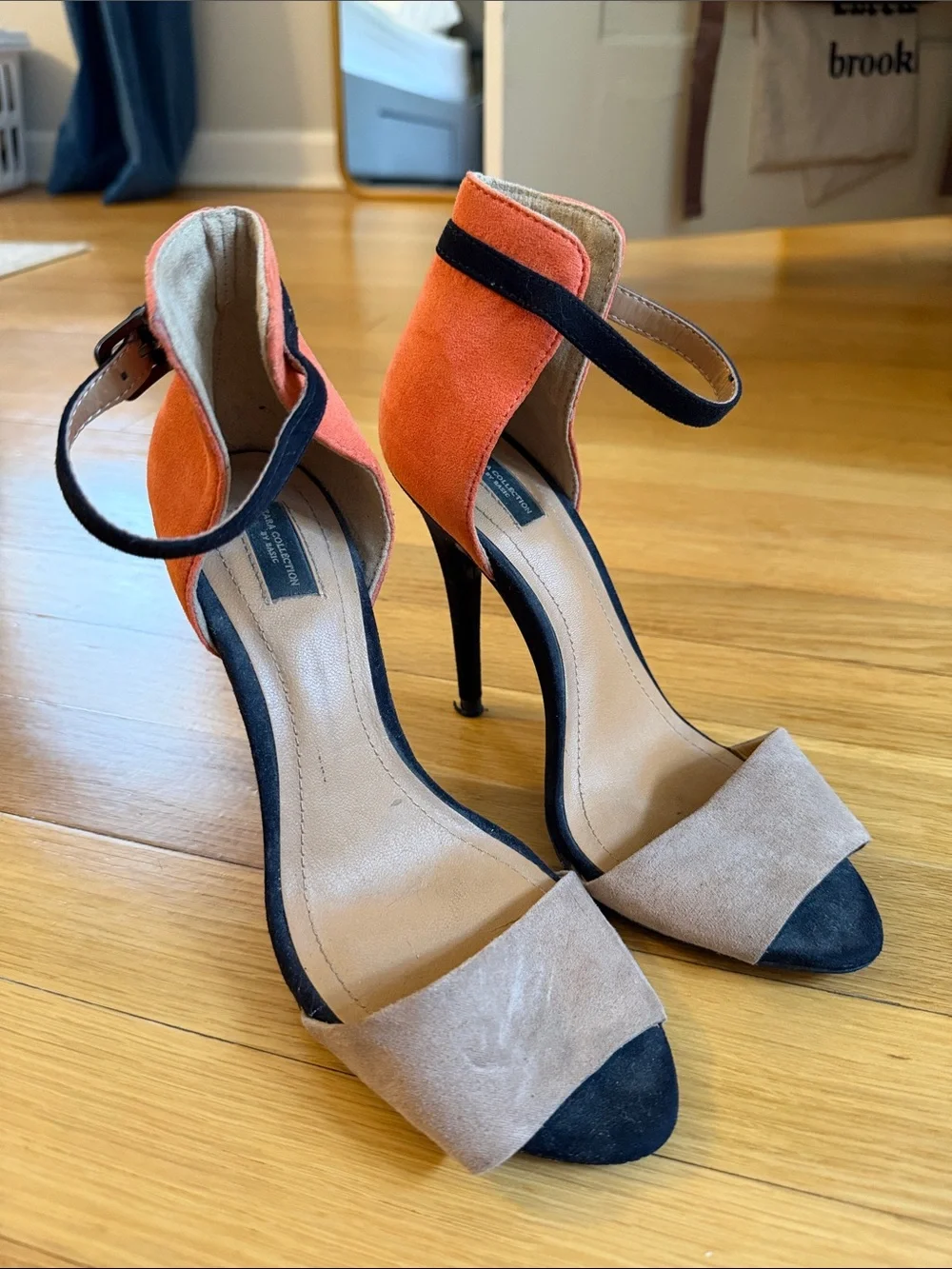 Zara Orange and Taupe Suede Ankle-Strap High Heels